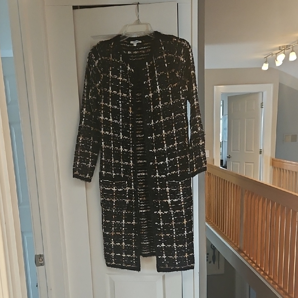 Women's Black Gold and White Tweed Cardigan With Silver Threading